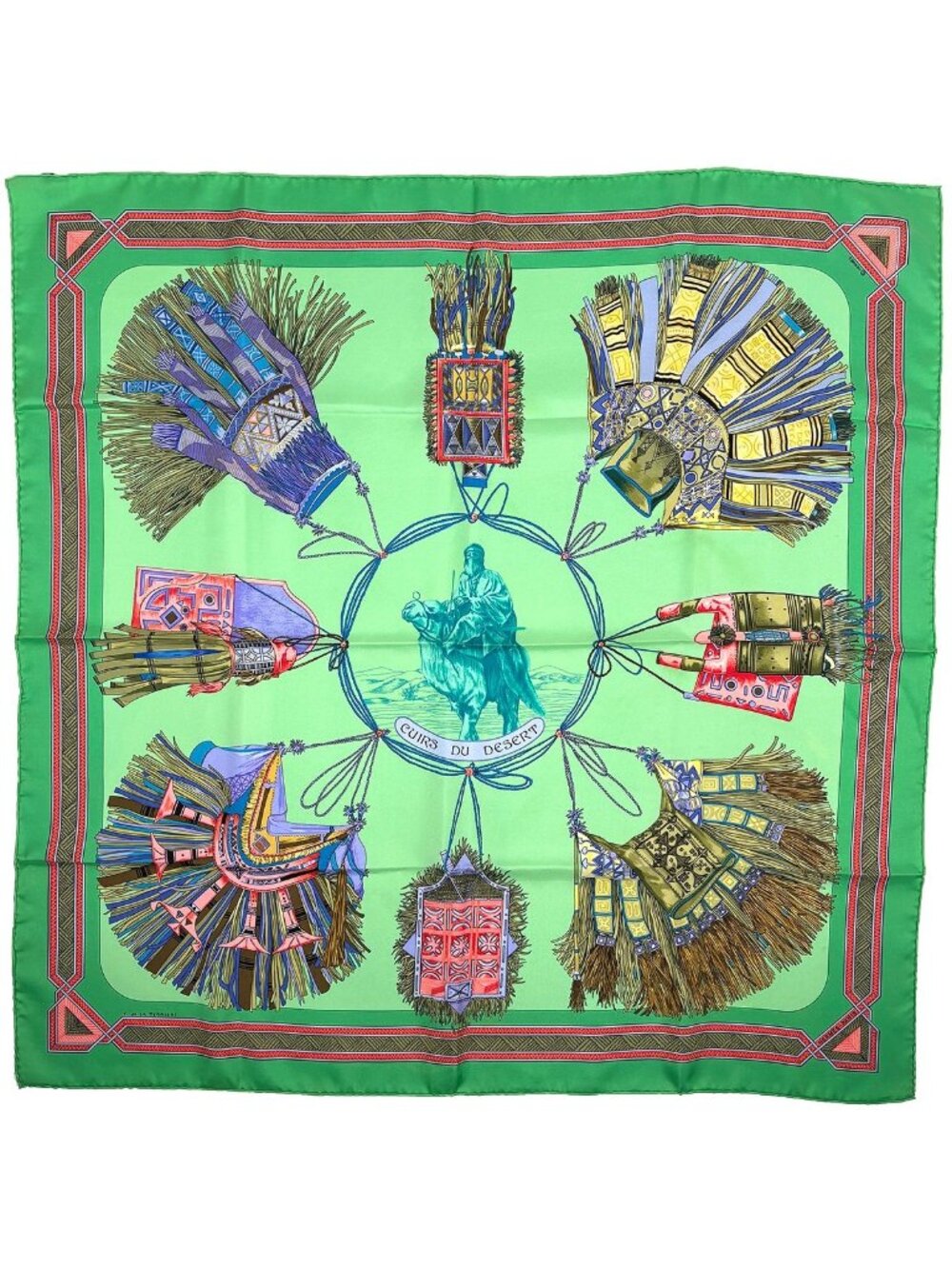 Hermes Carre 90 Cuirs du Desert Scarf Leather Decoration Silk Green Multicolor